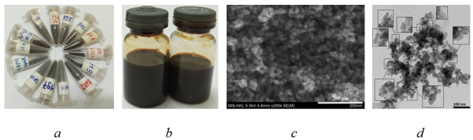 Hình ảnh vật liệu mới tổng hợp: a. Vật liệu dạng rắn; b. Vật liệu dạng huyền phù;c. Hình ảnh kính hiển vi điện tử quét SEM của vật liệu; d. Hình ảnh kính hiển vi điện tử truyền qua TEM của vật liệu